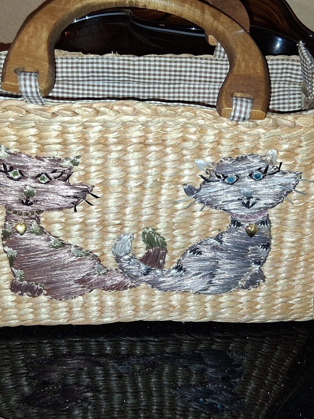 Capelli of New York Straw Tote with Pink and Gray Cat Embroidery - Picture 9 of 9